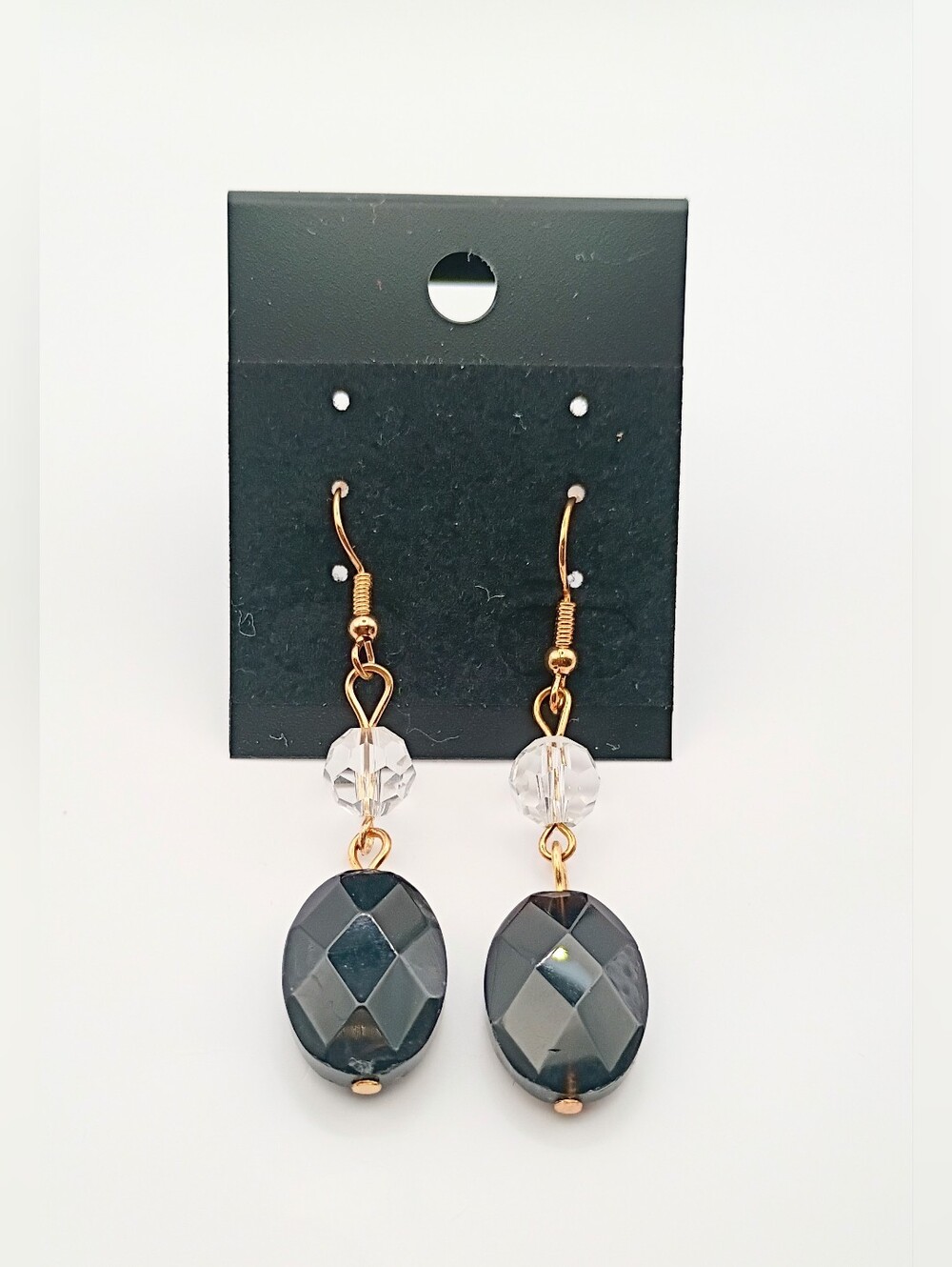 Black Faceted Bead Drop Earrings Gold Tone Crystal Dangle